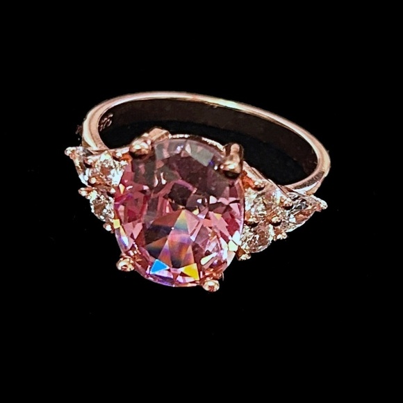 Cocktail Dinner Ring Inlaid Pink Crystal Zircon Rose Golden 925 Silver Plate - Picture 6 of 11